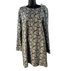Loft Gray & White Floral Long-Sleeve Dress Size M With Back Zipper